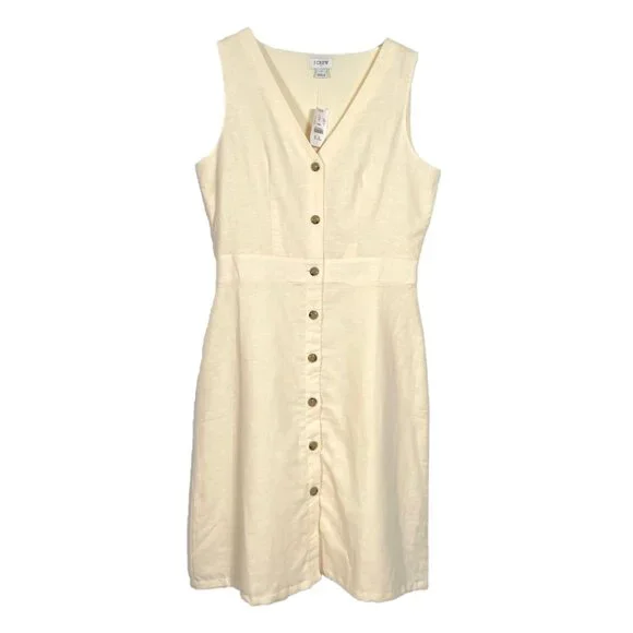 J. Crew Cream Linen Cotton Blend Button Front Sleeveless A-Line Dress Size 0 - Picture 2 of 5